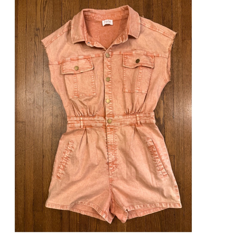 Fate Acid Wash Denim Romper Peach Sleeveless Button Front Elastic Waist Medium